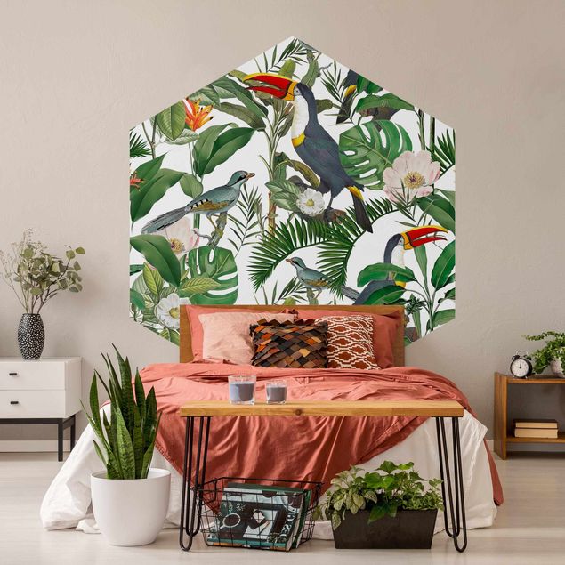 Vintage Tapete Tropischer Tukan mit Monstera und Palmenblättern