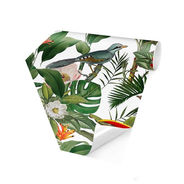 Fototapete modern Tropischer Tukan mit Monstera und Palmenblättern
