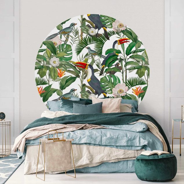 Fototapete Vögel Tropischer Tukan mit Monstera und Palmenblättern