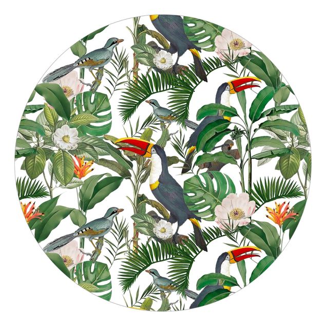 Tapeten Modern Tropischer Tukan mit Monstera und Palmenblättern