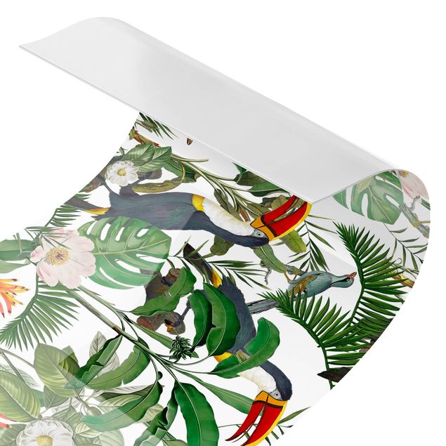 Küchenrückwand Folie selbstklebend Tropischer Tukan mit Monstera und Palmenblättern