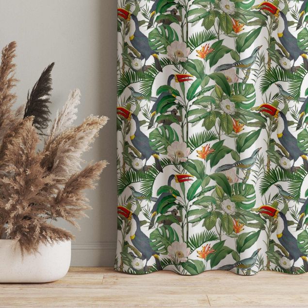 Vorhänge modern Tropischer Tukan mit Monstera und Palmenblättern