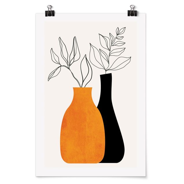 Wandbilder Orange Vasen mit illustrierten Zweigen
