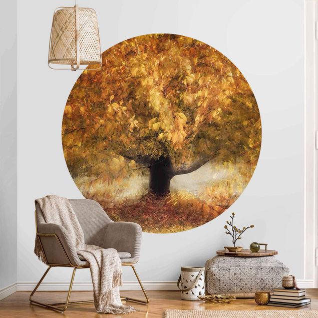 Verträumter Baum im Herbst runde Tapete | selbstklebende Vliestapete
