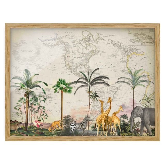 Wandbilder Bunt Vintage Collage - Tierwelt auf Weltkarte
