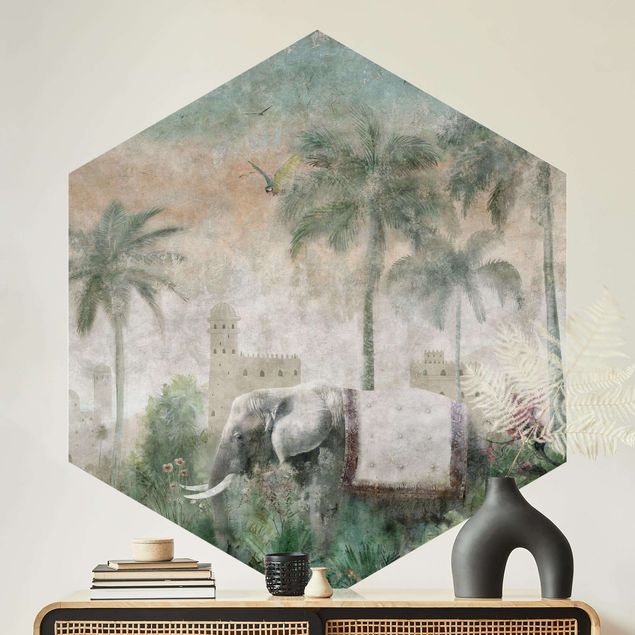 moderne Fototapete Vintage Dschungel Szene mit Elefant