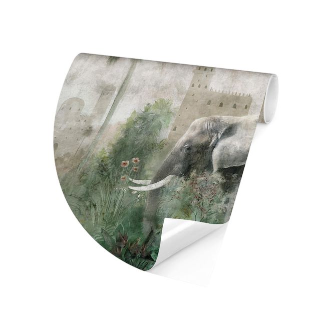 Fototapeten Grün Vintage Dschungel Szene mit Elefant
