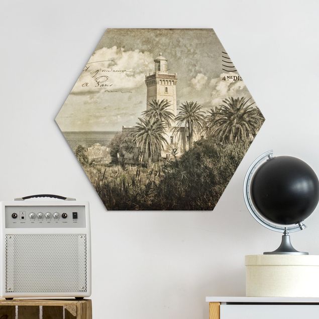 Wandbilder Landschaften Vintage Postkarte mit Leuchtturm und Palmen