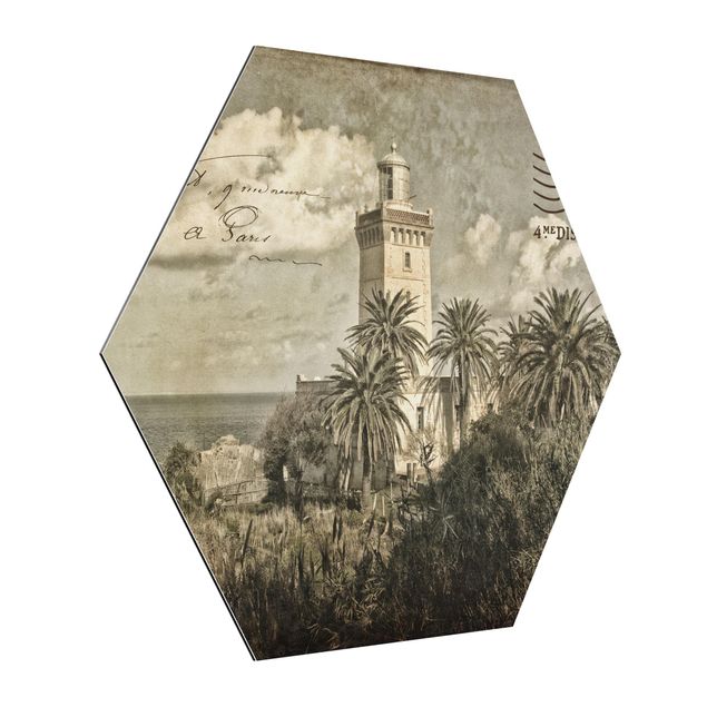 Wandbilder Kunstdrucke Vintage Postkarte mit Leuchtturm und Palmen