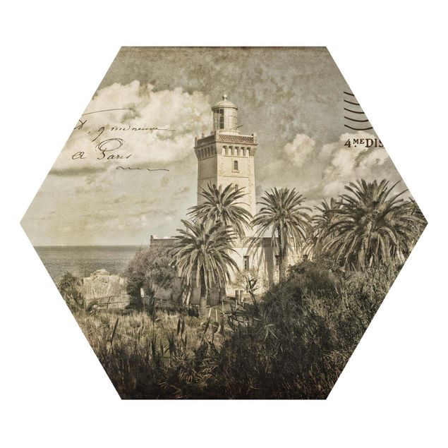 Wandbilder Natur Vintage Postkarte mit Leuchtturm und Palmen
