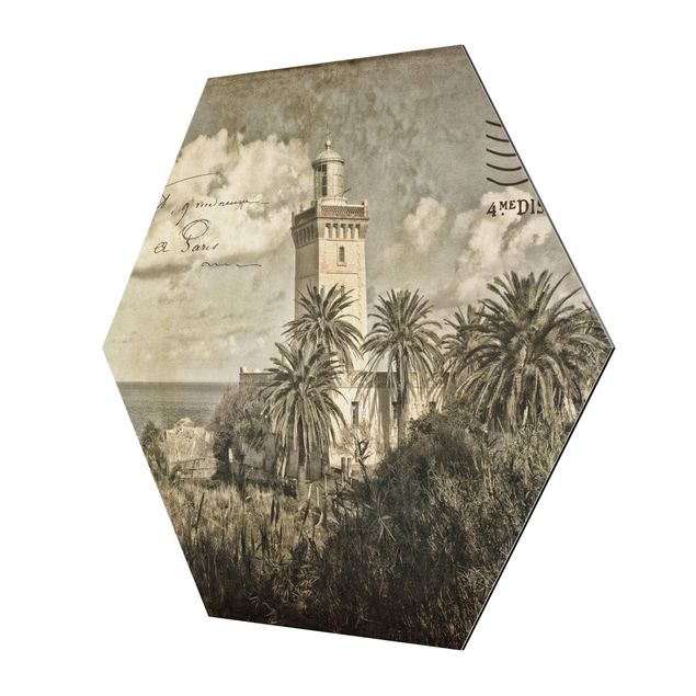 Wandbilder Retro Vintage Postkarte mit Leuchtturm und Palmen