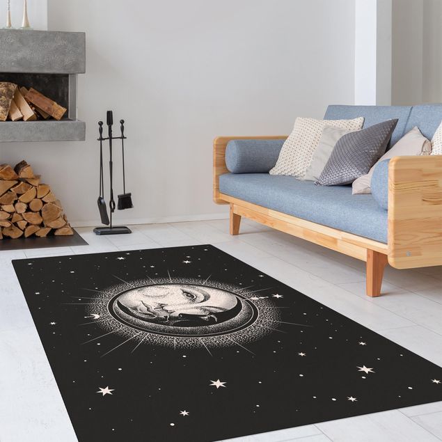 Schwarz-weißer Teppich Vintage Sonne und Mond Illustration