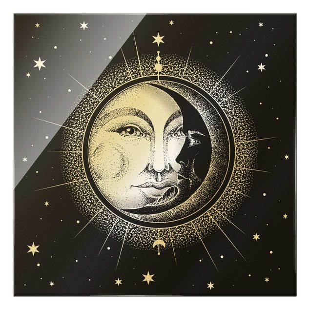 Wandbilder Schwarz-Weiß Vintage Sonne und Mond Illustration