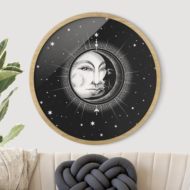 gerahmte Bilder schwarz-weiß Vintage Sonne und Mond Illustration