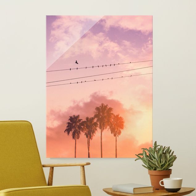 Glasbilder Sonnenuntergänge Vögel auf der Stromleitung