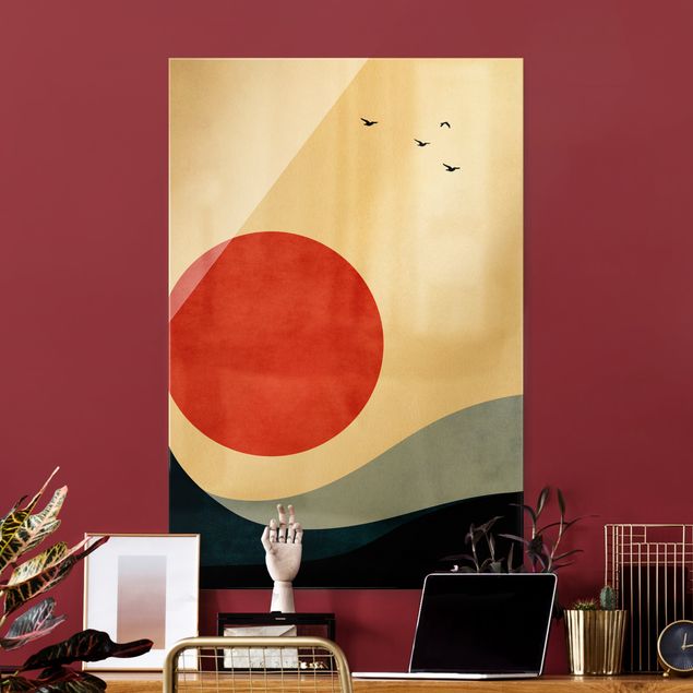 Wandbilder Landschaften Vögel in rotem Sonnenuntergang