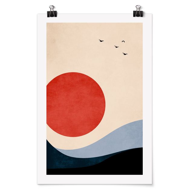 Poster Kunstdruck Vögel in rotem Sonnenuntergang