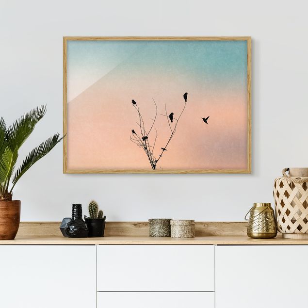 Wandbilder Landschaften Vögel vor rosa Sonne II