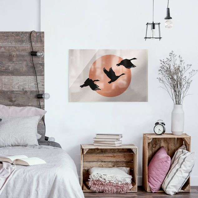 Wandbilder Landschaften Vögel vor rosa Sonne III