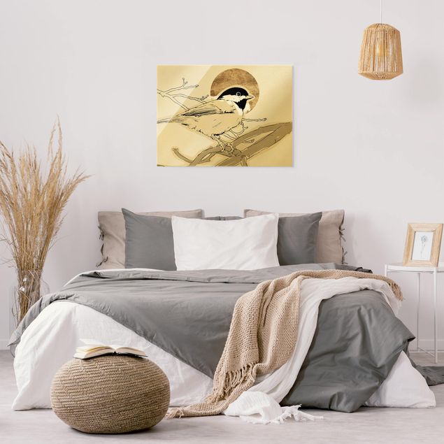 Wandbilder Retro Vogel vor goldener Sonne I
