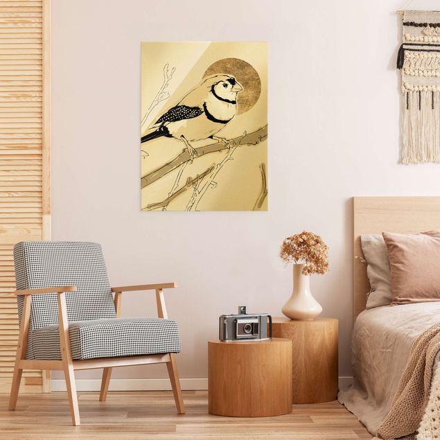 Wandbilder Retro Vogel vor goldener Sonne III