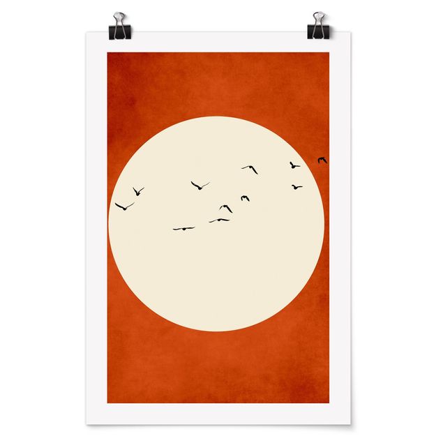 Poster Natur Vogelschwarm im Abendrot