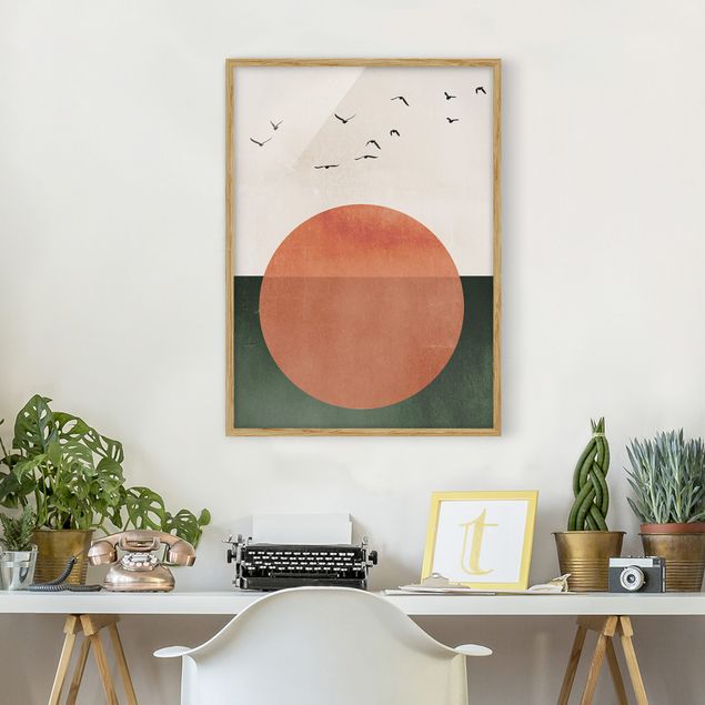 Wandbilder Landschaften Vogelschwarm vor aufgehender Sonne