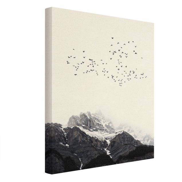 Leinwand Kunst Vogelschwarm vor Bergen Schwarz Weiß