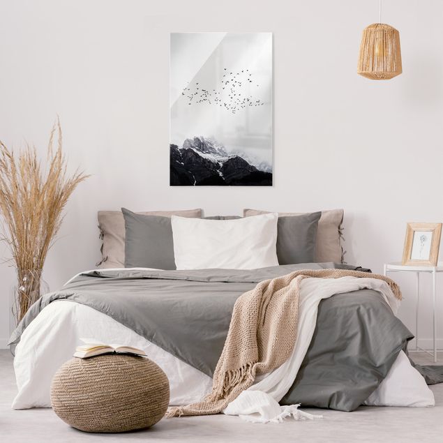 Wandbilder Berge Vogelschwarm vor Bergen Schwarz Weiß
