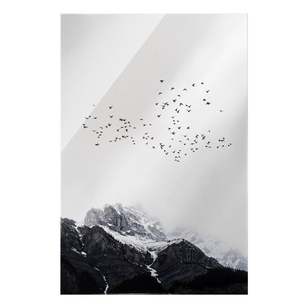 Glasbilder Schwarz-Weiß Vogelschwarm vor Bergen Schwarz Weiß