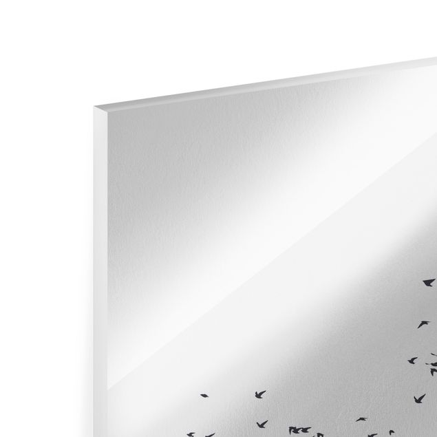 Glasbilder Landschaften Vogelschwarm vor Bergen Schwarz Weiß