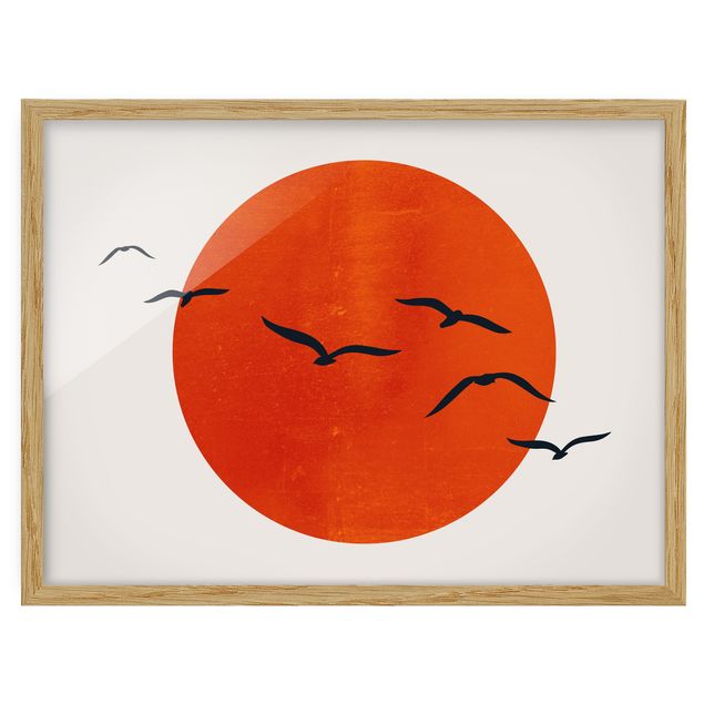 Tierbilder mit Rahmen Vogelschwarm vor roter Sonne I