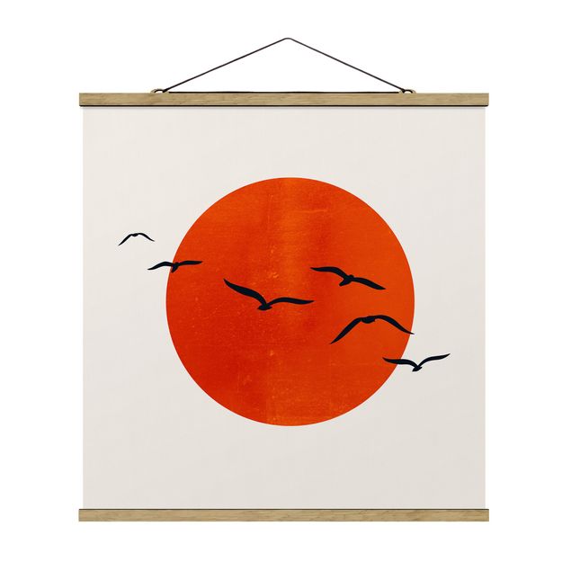 Wandbilder Natur Vogelschwarm vor roter Sonne I
