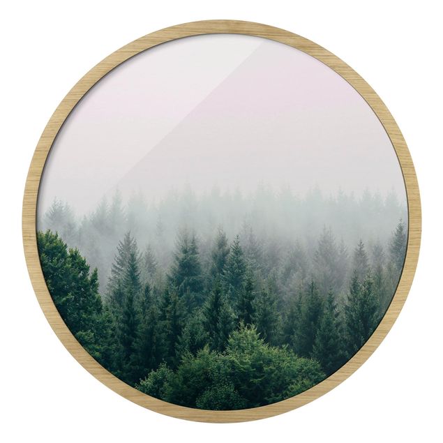 Runde gerahmte Bilder Wald im Nebel Dämmerung