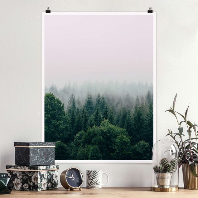 Wanddeko Küche Wald im Nebel Dämmerung