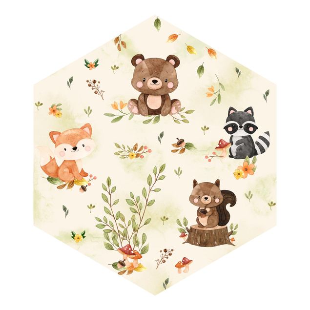 Hexagon Mustertapete selbstklebend - Waldtiere Herbst Fuchs Bär Eichhörnchen Waschbär