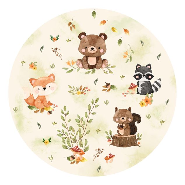 Runde Tapete selbstklebend - Waldtiere Herbst Fuchs Bär Eichhörnchen Waschbär