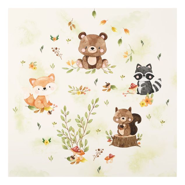 Wandbilder Glas Natur Waldtiere Herbst Fuchs Bär Eichhörnchen Waschbär