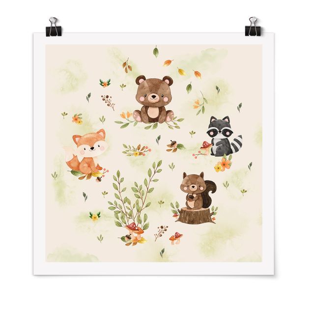 Wandbilder Landschaften Waldtiere Herbst Fuchs Bär Eichhörnchen Waschbär