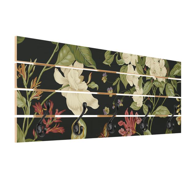 Wandgarderobe mit Motiv Gartenblumen auf Schwarz II