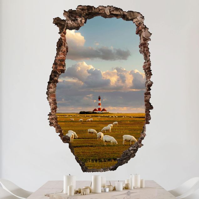 Autocolantes de parede Ilhas Nordsee Leuchtturm mit Schafsherde