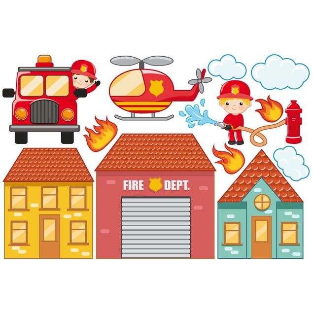 Wandtattoo Kinderzimmer Feuerwehr-Set mit Häusern