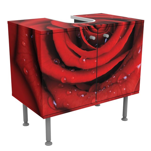 Waschbeckenunterschränke Rosen Rote Rose mit Wassertropfen