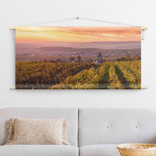 Wandbehang Kunst Weinplantage bei Sonnenuntergang