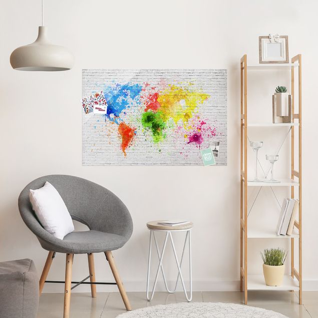 Wanddeko Küche Weiße Backsteinwand Weltkarte