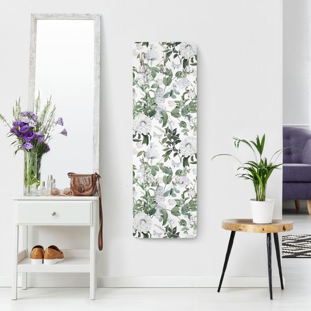 Wandgarderobe mit Motiv Weiße Blüten und Schmetterlinge