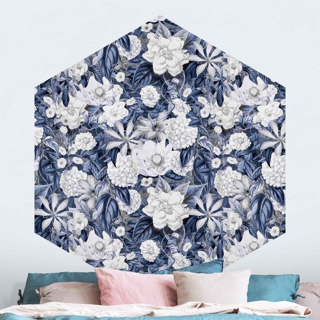 Tapeten mit Muster Weiße Blumen vor Blau