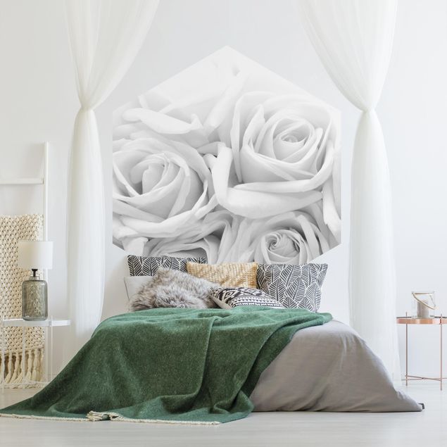 Landhaus Tapete Weiße Rosen Schwarz-Weiß
