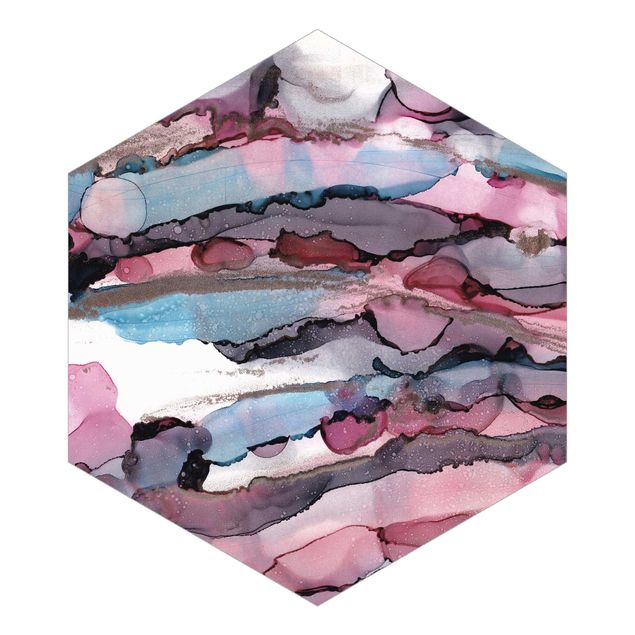 Hexagon Mustertapete selbstklebend - Wellenreiten in Violett mit Roségold