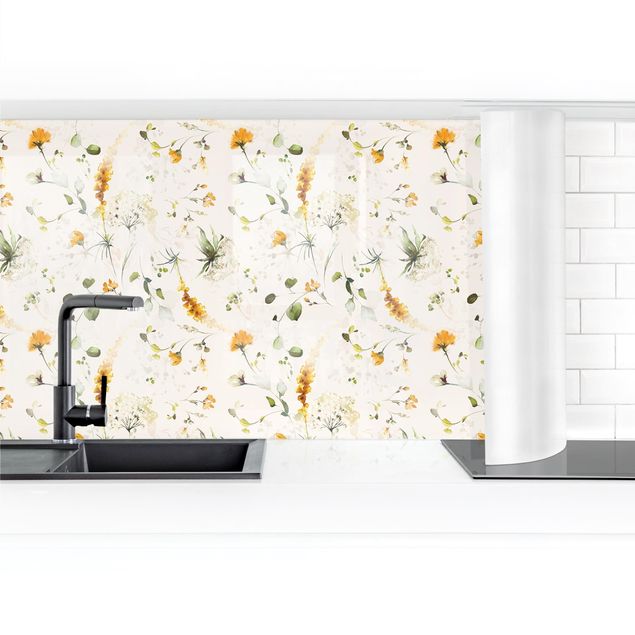 Küchenrückwand Folie selbstklebend Wildblumen Aquarell Muster auf Beige